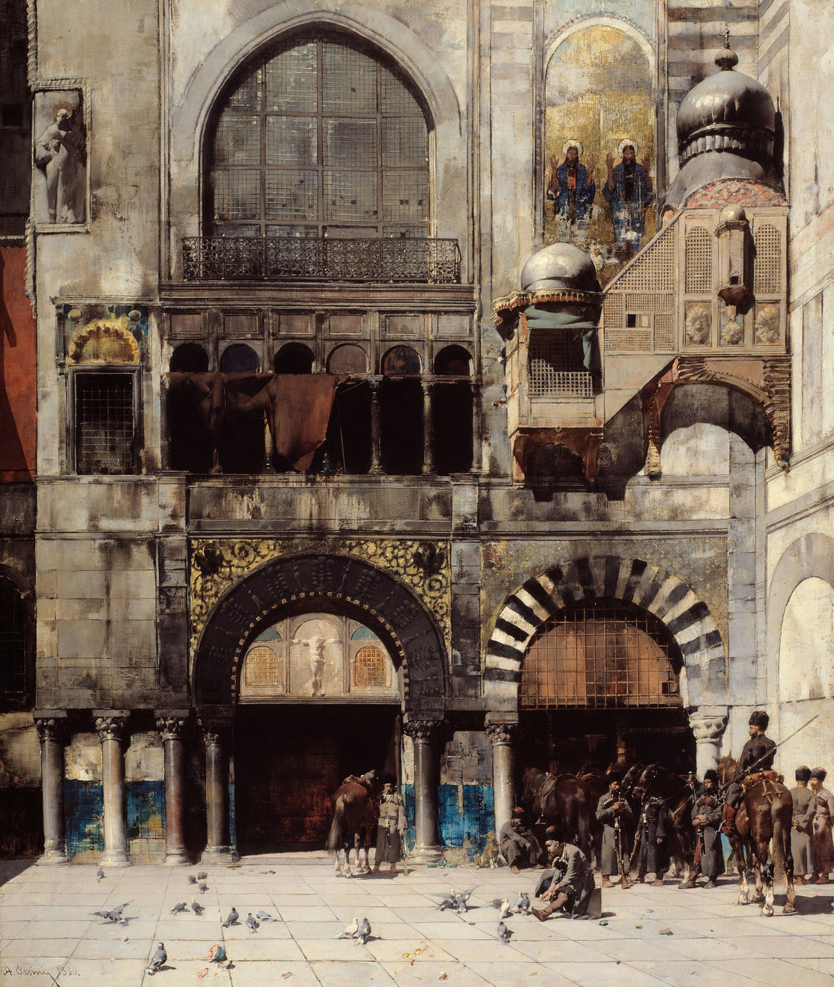 Circassian Cavalry Awaiting Their Commanding Officer at the Door of a Byzantine Monument by Alberto Pasini