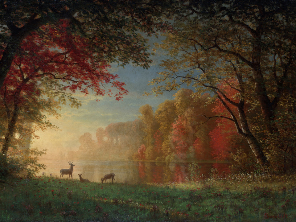 Indian Sunset, Deer by a Lake by Albert Bierstadt