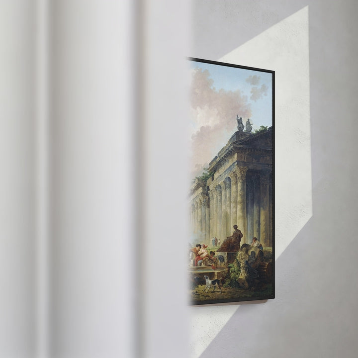 Format_Framed Canvas | Imaginary View of Rome with Equestrian Statue of Marcus Aurelius, the Column of Trajan and a Temple by Hubert Robert — framed canvas video mockup