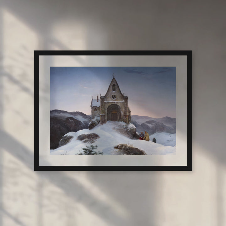 Format_Matted Fine Art Print | Chapel on a Mountain in Winter by Ernst Ferdinand Oehme - Black Classic frame with Snow white mat, room