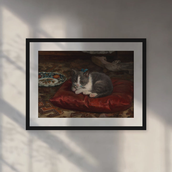 Format_Matted Fine Art Print | The Cat on the Pillow by Adolf von Becker - Black Classic frame with Snow white mat, room