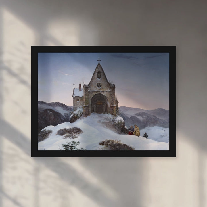 Format_Framed Art Print | Chapel on a Mountain in Winter by Ernst Ferdinand Oehme — Black Classic frame, room motion