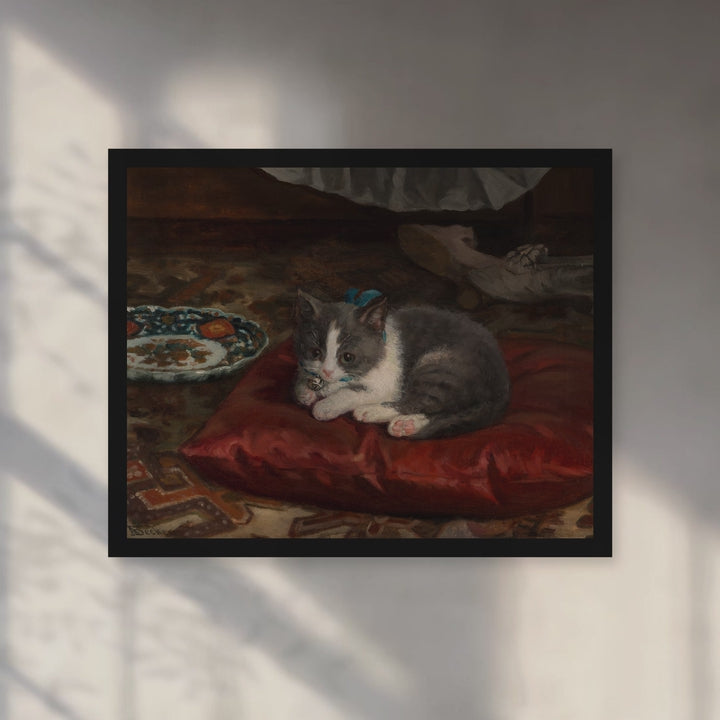Format_Framed Art Print | The Cat on the Pillow by Adolf von Becker — Black Classic frame, room motion
