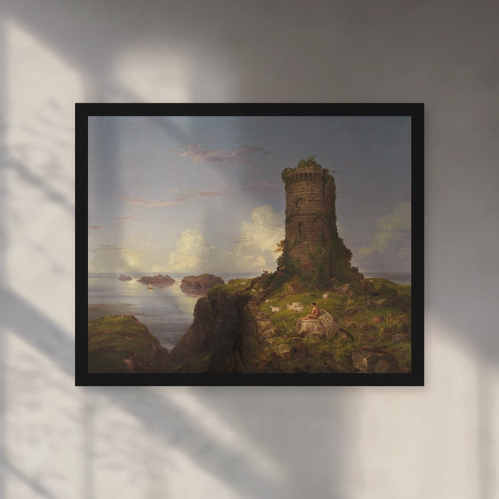 Format_Framed Art Print | Italian Coast Scene with Ruined Tower by Thomas Cole — Black Classic frame, room motion
